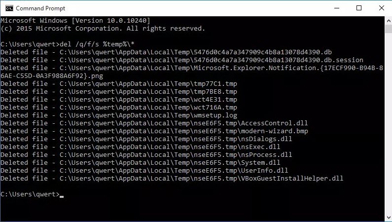 delete temp files using cmd