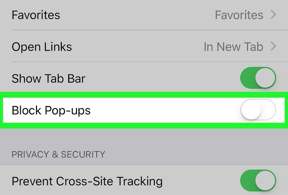 disable pop up blocker on iOS