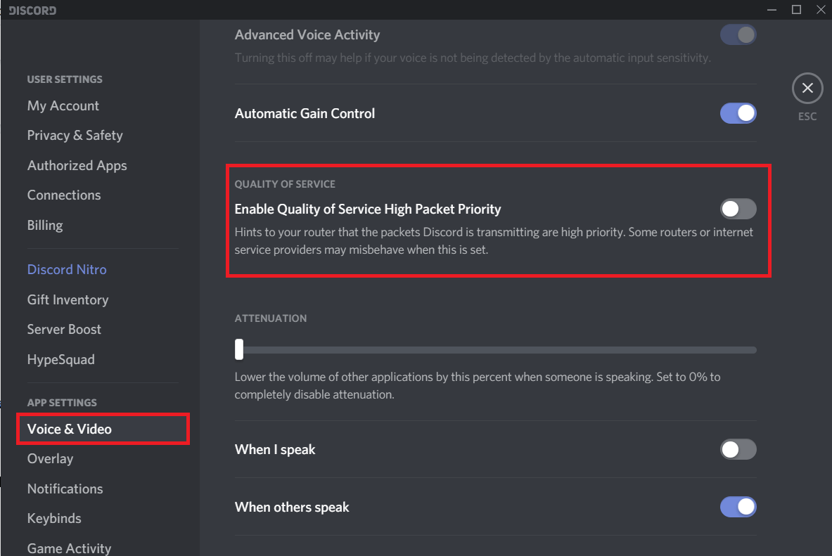 Disable Quality of Service in Discord