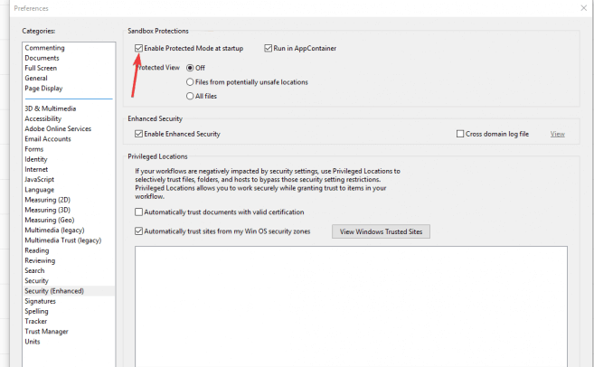 disable protected mode of Adobe Reader