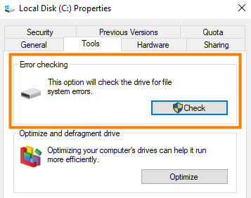 use error checking tool for raw sd card