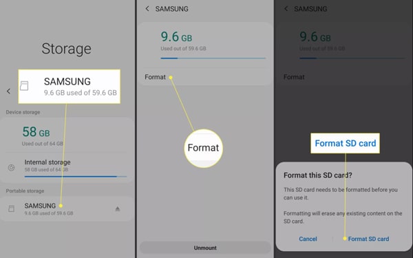 tap to format SD card on Android