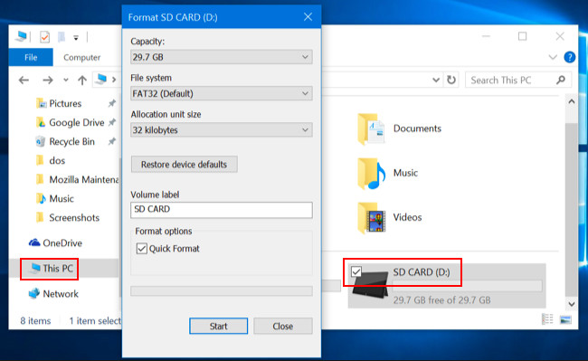 Format SD card with Windows File Explorer