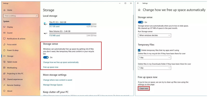 delete temporary files via storage sense