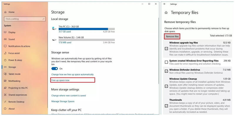 remove temp files from settings