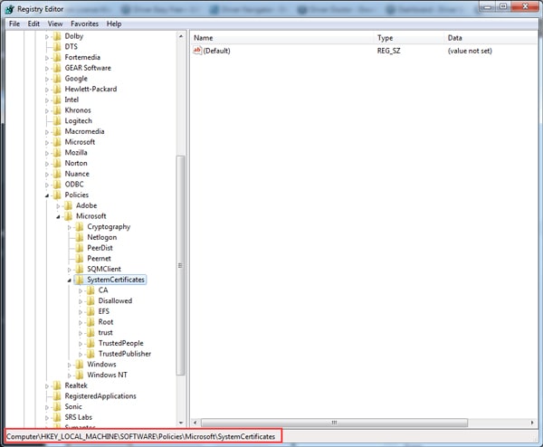 go to system certificates in registry editor