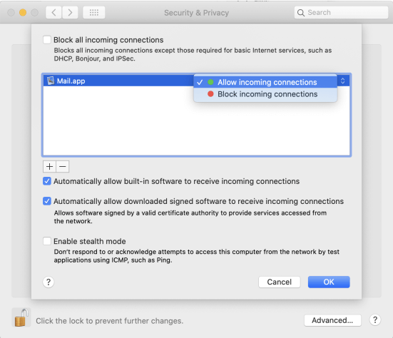check Mac's firewall options