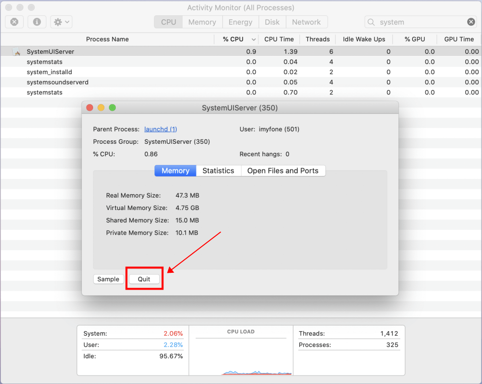 Quit SystemUIServer in Mac Activity Monitor