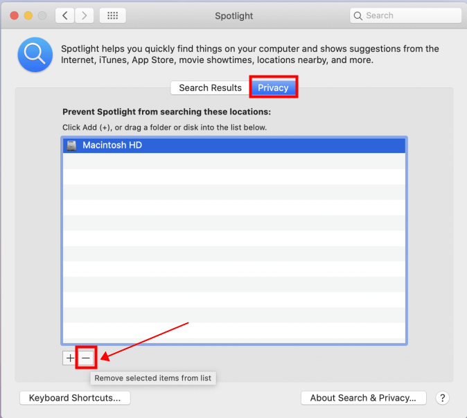 Mac Spotlight privacy settings