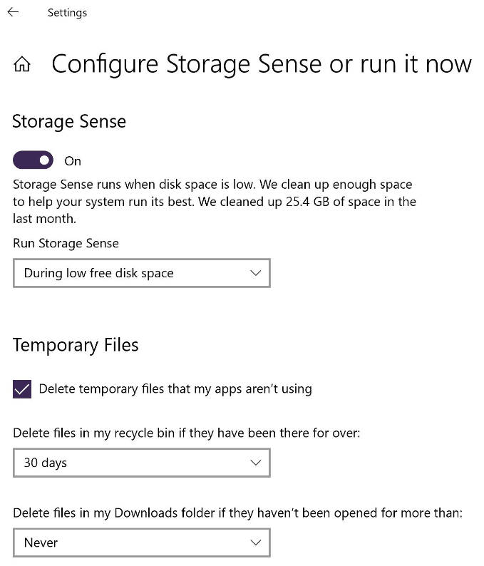 manage storage sense settings