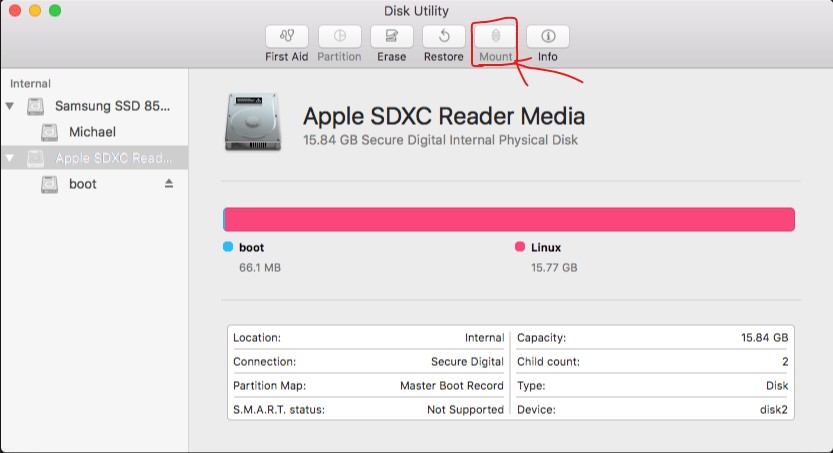 mount SD card in Disk Utility on Mac