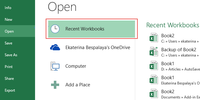 open excel recent workbooks