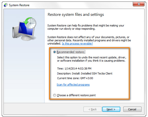 system restore point undelete profile