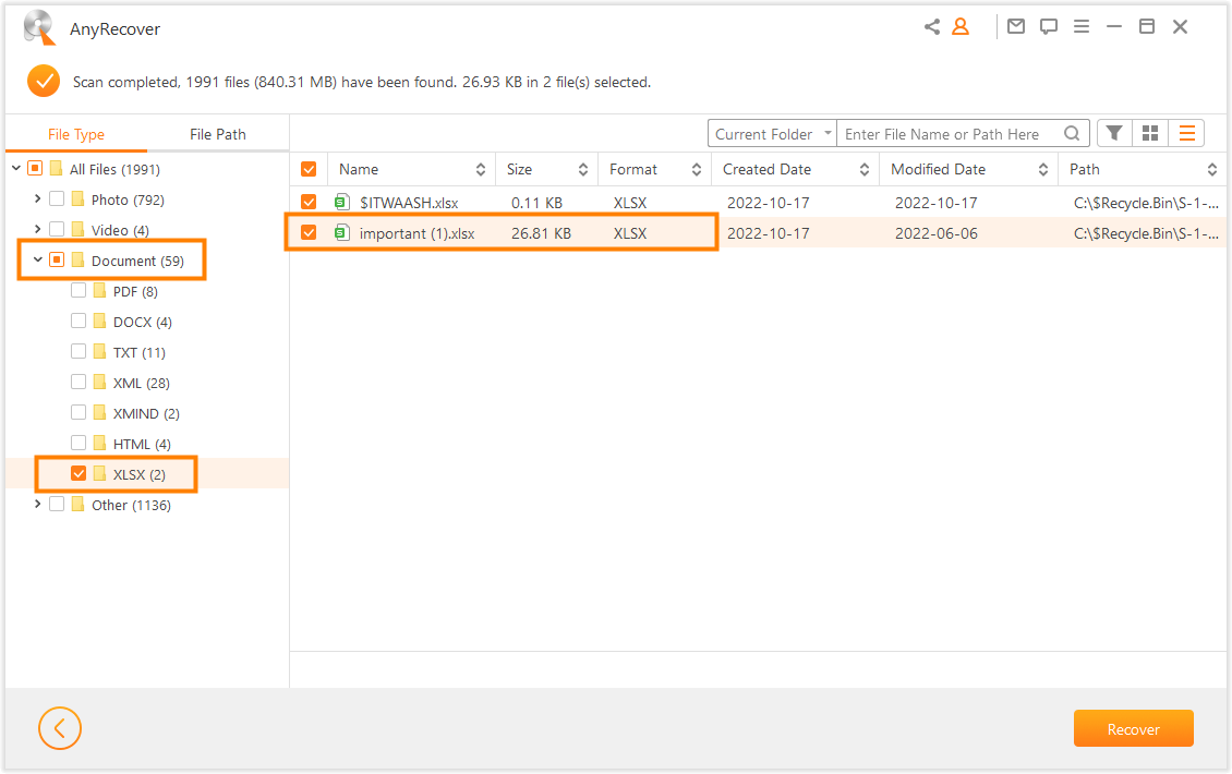 preview and recover excel files with iMyFone AnyRecover