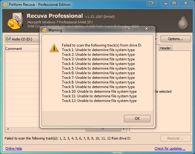 recuva unable to determine file system type