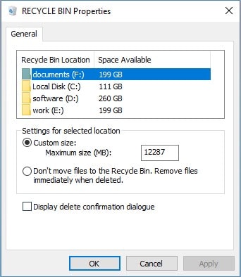 recycle bin properties