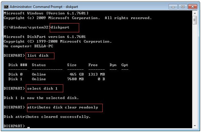 attribute disk clear readonly