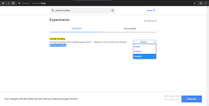disable smooth scrolling in Chrome