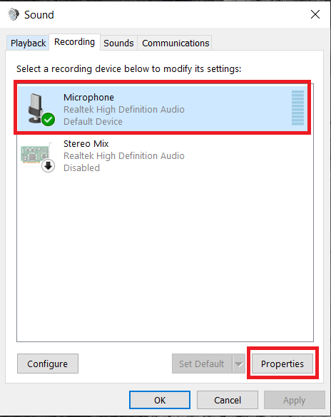 Go to Properties in Recording settings