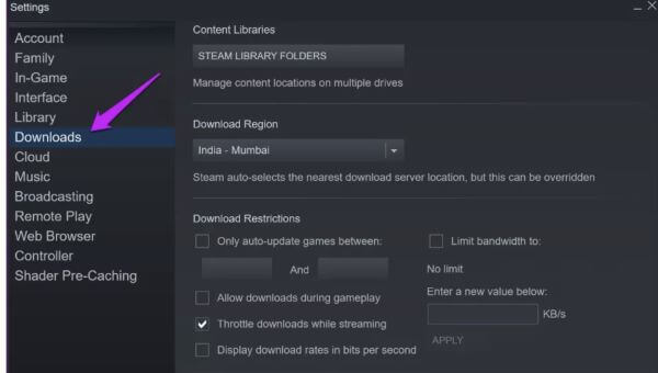 steam downloads setting