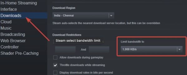 steam limit bandwidth to
