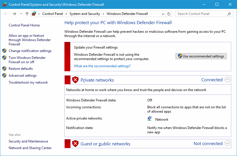 turn on windows defender firewall