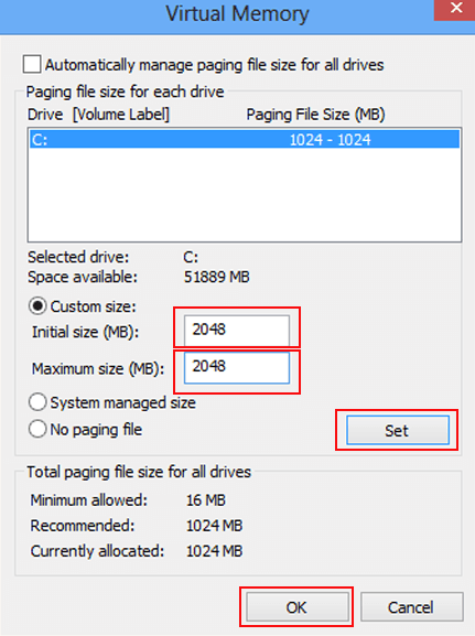 virtual memory custom size