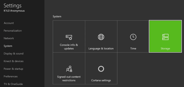 xbox storage setting