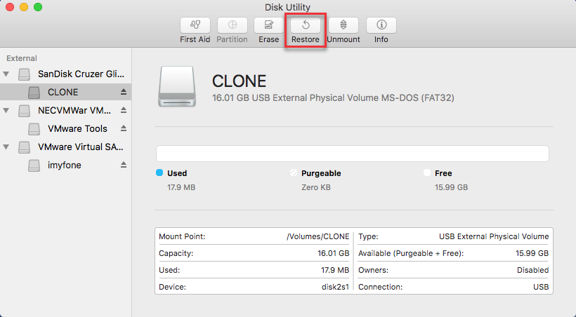 disk utility clone restore