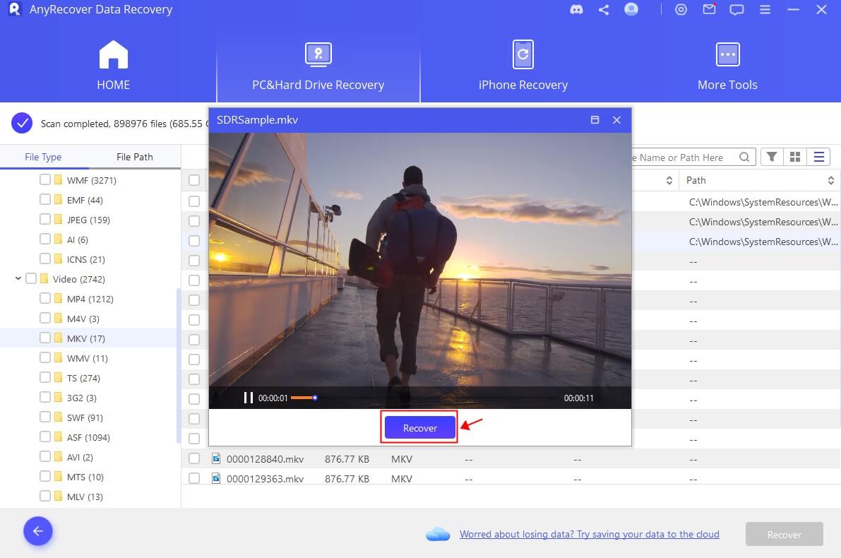 Preview and recover the deleted MKV files
