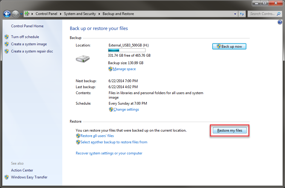 restore backup on windows 7