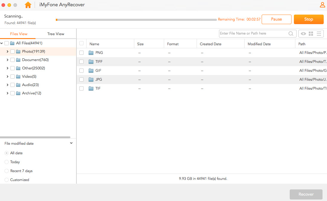 AnyRecover Excel File Recovery - scan selected drive