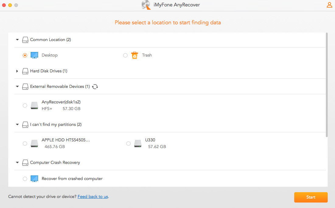 AnyRecover Mac Data Recovery - select a location