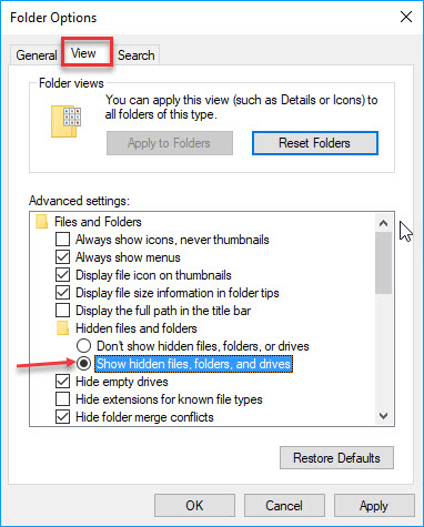 show hidden files using folder option