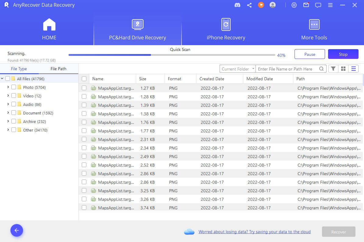 AnyRecover starts to scan the selected dead SSD drive