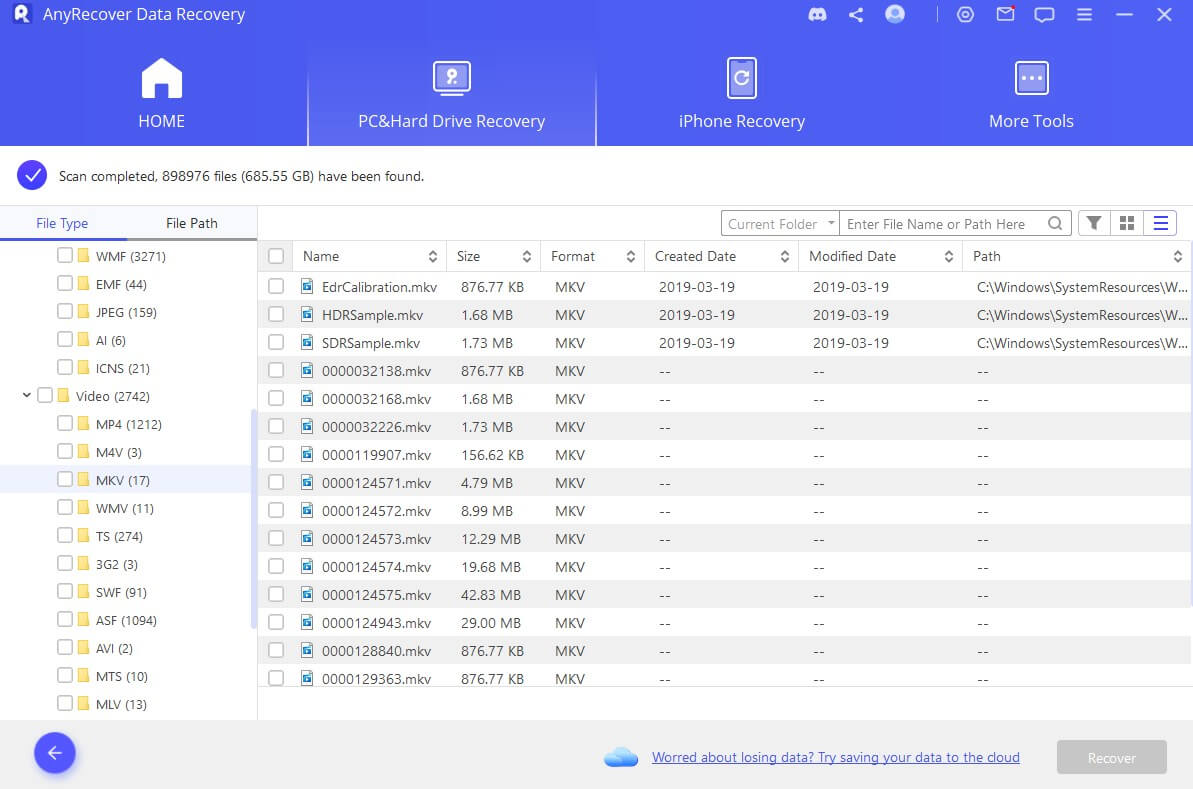 AnyRecover scans and shows all the lost files