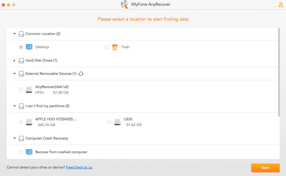 choose a file location with iMyFone AnyRecover