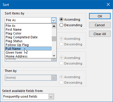 check sort settings outlook