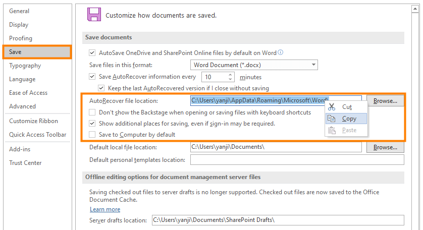 autorecover file location path