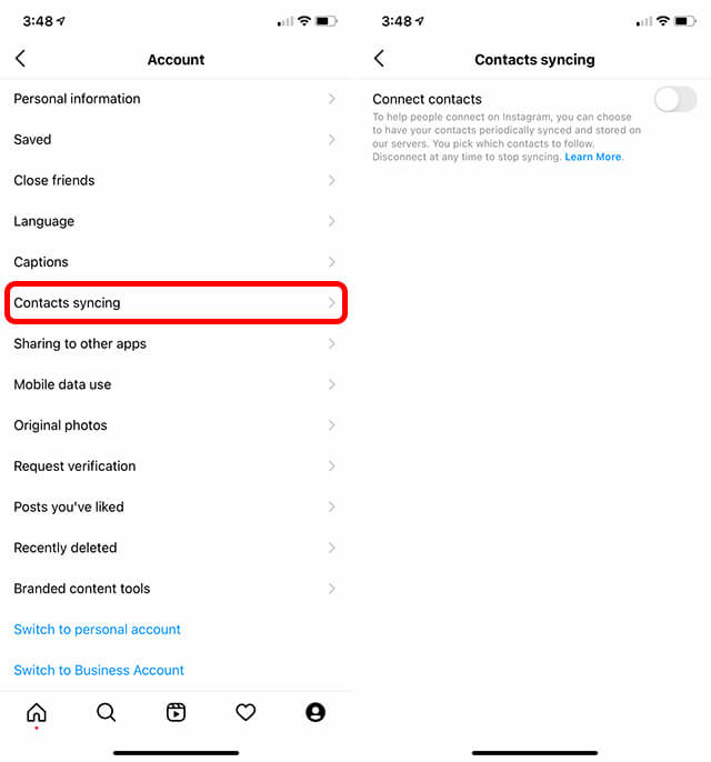 disable contacts syncing ininstagram