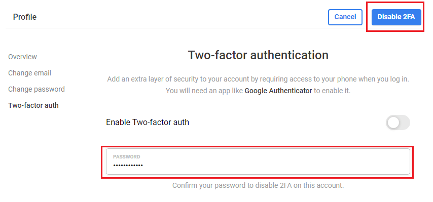disable two factor authentication