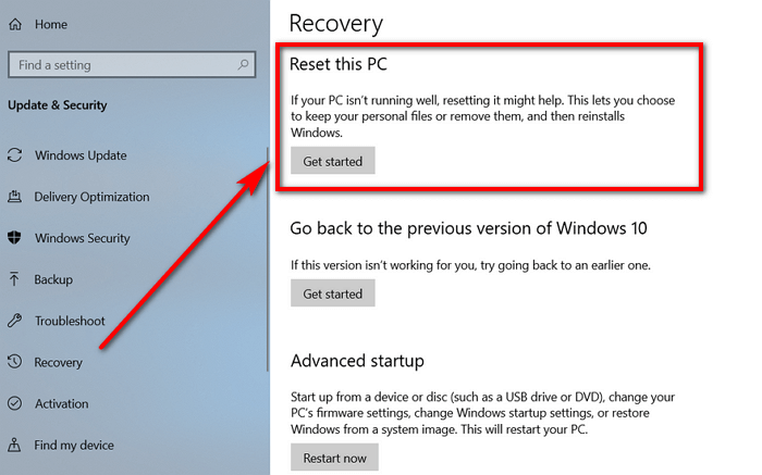 recovery reset this pc