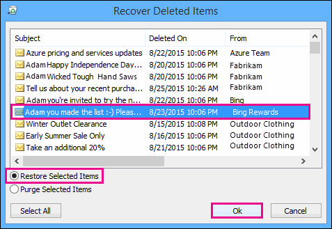 restore selected item ok