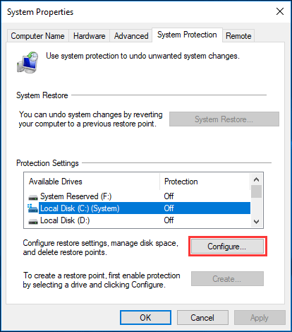 system protection configure