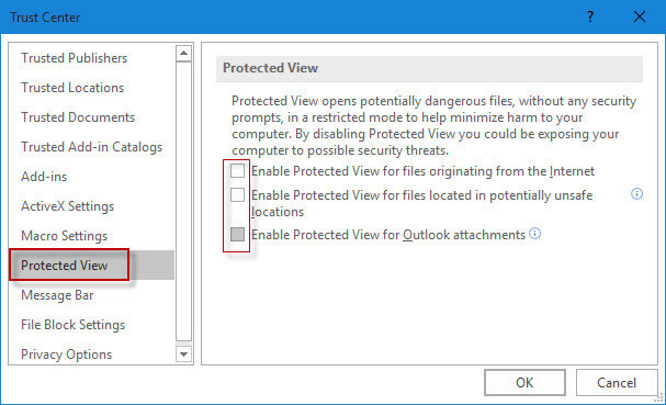 uncheck all options under protected view