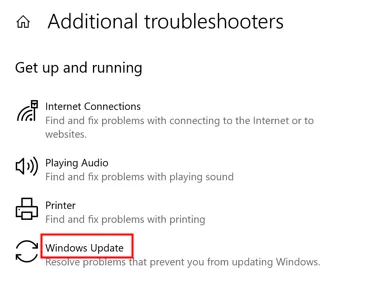 windows update on additional troubleshooters