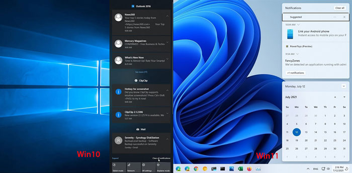 Windows 10 notification center vs Windows 11 notification center