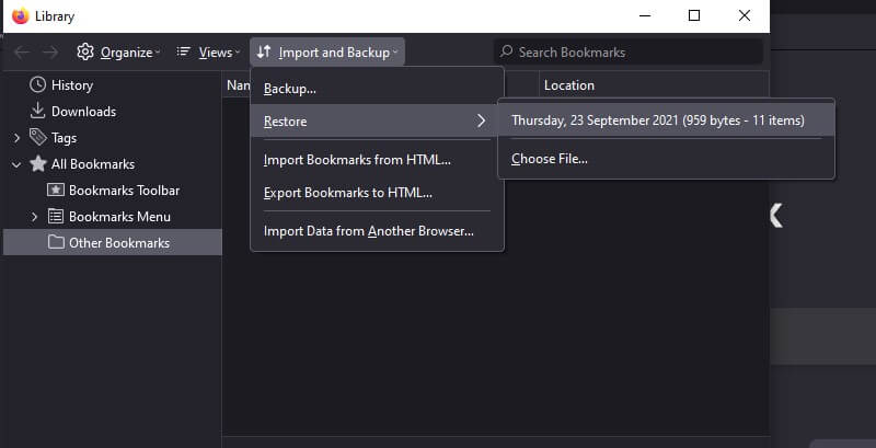 restore firefox bookmarks from backup