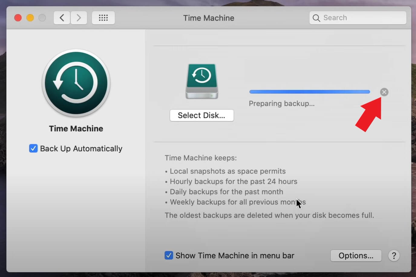 stop time machine preparing backup process