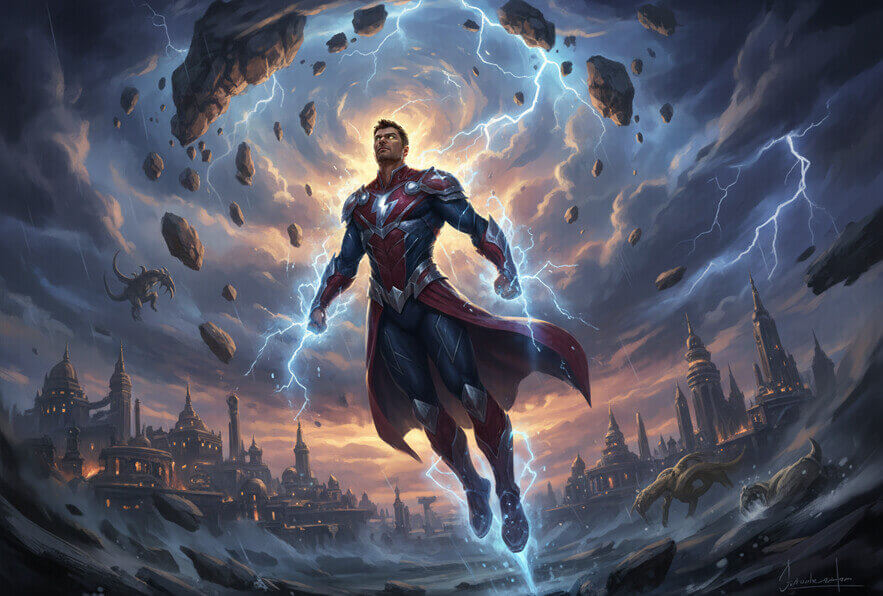 a superhero man flying through stormy skies